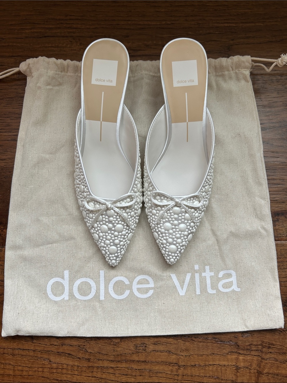 Dolce Vita White Pearl-Embellished Pointed Slip-On kitten heels